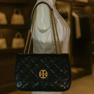 NEW Tory Burch Willa Black Leather Large Convertible Shoulder Bag/Crossbody Bag